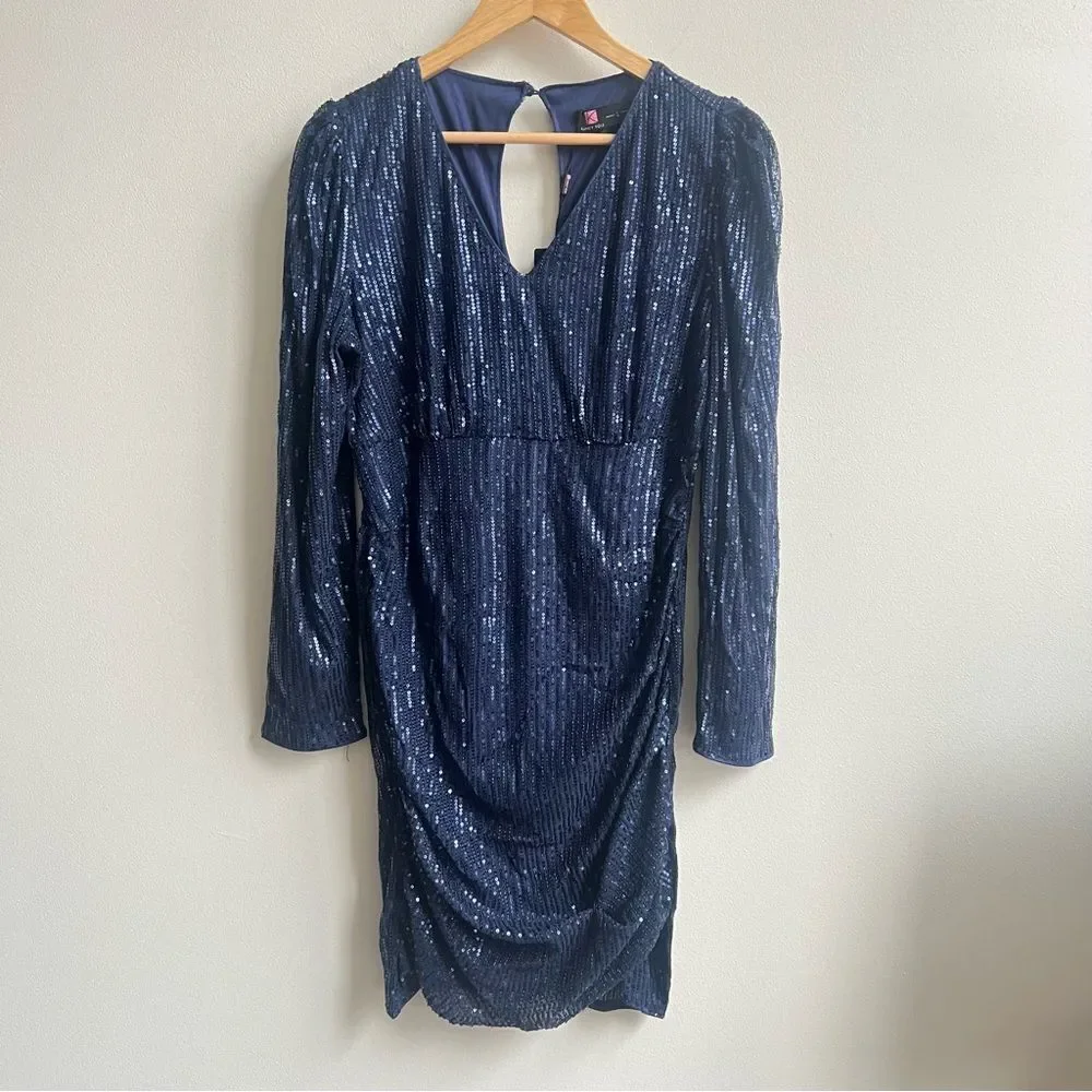 KANCY KOLE Womens Sexy V Neck Sequin Ruched Bodycon Mini Dress Long Sleeve Large